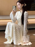 Elegant Lace Patchwork Knitted Dresses for Women Flare Sleeves Slim Mermaid Autumn Winter New Korean Fashion Vestidos Mujer