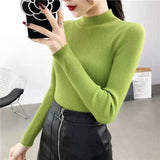 Pbong  Autumn Female Casual Stripes Red Tops Gray Knitted Sweater For Women Basic Pullovers Slim Fit Stand Collar Long Sleeve Spring
