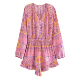 Pbong  Open Button V neck Flower Print Full Raglan Sleeve Bodysuits Women Elastic Bow Sashes Short Jumpsuits Romper Holiday