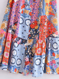 Pbong  Contrast Color Flower Print Midi Long Sling Dress Hippie Women Single-breasted Buttons Ruffles Hem Slit Robe Holiday