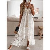Pbong  Women's Summer Boho Aesthetic Floral Lace Irregular Dress Tassels Deep V Neck Sleeveless Versatile Beachwear Sundress
