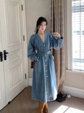 Dresses for Women Autumn V-Neck Temperament Cowboy Dresses LOOSE Solid Robe Korean Fashion Versatile A-line Long Dress