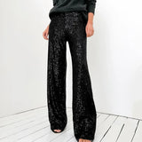 Pbong  Women Sequin Wide Leg Pants Stretchy High Waist Loose Straight Trousers Club Party Elegant Long Pants Streetwear