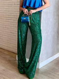 Pbong  Women Sequin Wide Leg Pants Stretchy High Waist Loose Straight Trousers Club Party Elegant Long Pants Streetwear