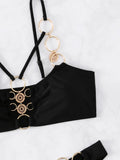Ring Linked Harness Bikinis Black Swimsuit Solid Swimwear Women Bathers Bathing Swimming Suit Female Beachwear Summer