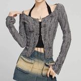 Destressed Two Piece Set Lace-up Cardigan with Cami Women's Y2K Grunge Crop Long Sleeve Criss Cross Knit Tops Acubi Outfit