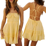 Pbong  Women's Summer Tie-up Backless Dress Casual Solid Color Sleeveless Beach Club Streetwear Ruffle Swing A-Line Sundress