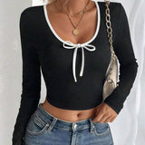 Autumn T-Shirts 2025 Women's Casual Plain Screw Thread Bowknot Long Sleeve Round-Neck Daily Basic T-Shirts