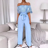 Pbong  Elegant Lace Hollow out Women's Romper with Leaf Edge Long Sleeve Knowledge Style Polyester Fabric High Quality Autumn Season