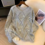 Pbong  Women's Oversized Loose Versatile Knitwear Sweater Spring Autumn New Lazy Style Big Size Crew Neck Pullover Knitted Top