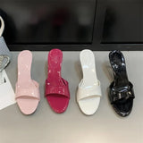 Pbong  Summer Patent Leather Open Toe Slippers Fashion Thin Low Heels Beach Prom Slide Prom Slide Shoes