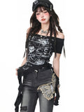 Y2k Print Vintage Off shoulder Short sleeve T Shirt Women Hip hop Basic Summer Crop Tops Streetwear Lady Tees Korean