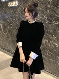 Sweet Woman Party Dresses Korean Vintage Velvet Black Dress Patchwork Robe Elegant Clothes All Match Pearl Vestidos Mujer