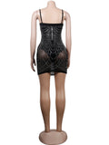 Sparkle Black Rhinestone Fringe Bodysuit Mini Dresses Women Summer Glam Mesh Sequins Short Party Dress Birthday Outfits