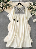 Pbong  Summer New Vestidos Para Mujer Lace Up Embroidery Pleated Patchwork Short Sleeve Dress Vintage Casual Loose Women Clothing