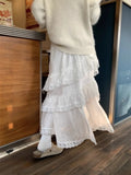 Korean Fashion White Ruffle Lace Skirt Women Fairycore Vintage High Waist Irregular Patchwork Long Skirt Cute Streetwear