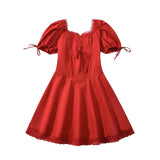 Pbong  Solid Slimming Spliced Lace Dresses for Women Square Neck Short Sleeves Patchwork Folds Tunic Dress Female Clothing