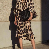 Pbong  Spring Summer New Long V-neck Loose Lantern Sleeve Leopard Print Straight Cut Dress Women's Midi Dress Comfortable Breathable...