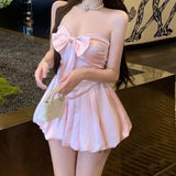 Pink Satin Strapless Knitted Dress Birthday Girl's Gown Floral Skirt Sexy Style Mid Waist Short Length No Sleeve Vintage Art