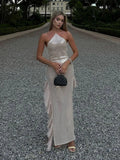 Elegant Sequin Ruffle Evening Dresses Women Retro Glitter Sleeveless Slim Halter Long Dress Lady Chic Street Party Holiday