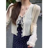 Lace Trim Tie Up Knit Top for Women Sheer Knitted Crop Cardigan Long Sleeve Open Jacket Teen-girl Y2K Sweetgirl Cute Outfit