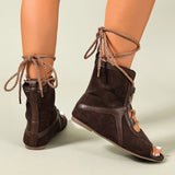 Pbong  Women's Large Size Retro Dark Brown Mid-Calf Boots, Summer High-Top Sandals, Peep-Toe Roman Sandals, Women's Beach Shoes