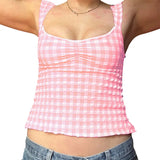 y2k Tops for Women Summer Fairycore Clothing Plaid Print Lace Trim Sleeveless Tanks T Shirts 2000s Clothing Streetwear