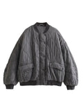 Vintage O-neck Zipper Quilted Warm Jacket For Women Loose Pocket Button Padded Coat Autumn Winter High Street Casual Outerwear