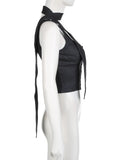 Casual Solid Crop Tops With Scarf Slim Square Collar Sleeveless Tank Tops Women 2025 Summer Fashion Streetwear Ladies