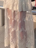 Pbong  Sweet Long Korean for Women High Waist A-line Embroidery Jupe  Fashion See Through Lace Summer Skirt
