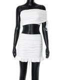 Sexy White Skirt Two Pieces Sets Women Oblique Shoulder Drawstring Crop Tops And Ruffied Skirt Two Pieces Sets Summer