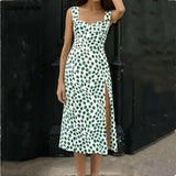 Pbong  Vintage Women Green Dot Leopard Print V neck Tank Dress Elastic Back Slim Waist Slit Hem Midi Long Dresses Summer Vestidos Robe