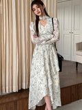 Autumn Print Floral Vintage Long Dress Women V Neck Long Sleeve Bandage Irregular Ruffled Dress Casual Evening Party Dresses New
