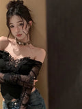Korean Style Off Shoulder T Shirts Women Aesthetic Butterfly Cropped Mesh Tops Sexy Coquette Y2k Kpop Long Sleeve Tees