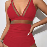 2025 Women's Beach Swimwear Solid Color Sheer Mesh Panel Plunging Neck One-piece Swimsuit