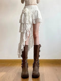 Boho Elegant Lace Skirt Women Tulle Vintage White Skirts Irregular Layered Street Summer Short Mid Skirt Korean Fashion