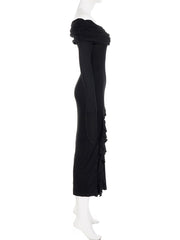 Elegant Fashion Dark Ruffles Split Long Dress Gothic Slash Neck Long Sleeve Maxi Dresses For Women Holiday Beach