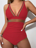 2025 Women's Beach Swimwear Solid Color Sheer Mesh Panel Plunging Neck One-piece Swimsuit