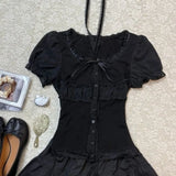 Y2k Harajuku Vintage Dark Gothic Slim 2 Piece Skirt Sets Bow Short Sleeve Blouse + Cake Mini Skirts 2000s Lolita Suits Summer
