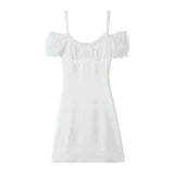 Pbong  Sweet White Ruched Chest Spliced Lace Short Sleeve Mini Dress Women Bow Sashes Back Sling Strap Mini Dresses Party Robe