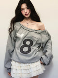 Y2K Streetwear Gray Sweatshirts Women Off Shoulder Loose Letter Pullovers Harajuku Retro Female Casual American Tops New