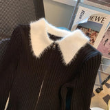 Y2K Zipper Front Rib Knit Top for Women Contrast Fuzzy Collared Zip-Up Sweater Crop Cardigan Autumn Winter Teen-girl 90s Outfit