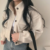 Pbong  Autumn Winter Loose Woolen Coat Women Large Size with Pockets Small Stand Collar Long Sleeve Button Hong Style Women's Clothing