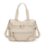 Pbong  Vintage Large Capacity Tote Bag with Multiple Zipper Pockets Rivet Detail Detachable Crossbody Bag Strap Casual Shoulder Purse