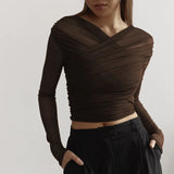 Pbong  Woman Gauze T Shirts Slim Waist Long Sleeve Tees Fashion Temperament Pleated Tops Korean Camisetas V-neck Tunic Sexy Crop Tshirt