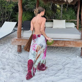 French Fashion Beading Embroidered Chiffon Slip Dress Vhalter Neck Backless Flower Print Vacation Beach Summer Women Dress