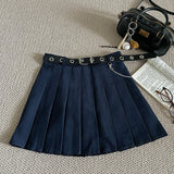 High Waisted Pleated Mini Skirt with Chain Belt Built-in Shorts School Teen-girl Short Skirt Women 90s Y2K Outfit