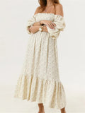 Pbong  Woman Vintage Floral Dress Puff Long Sleeve Off Shoulder Ruffle Long Dress Spring Fall Casual Vintage Bohemian Dresses