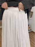 French Elegant Solid Silky Shiny Long Skirt Fashion Elastic Waist Satin Pleat Women Dress Spring Korean Chic A-line Ladies Skirt