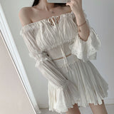 Flare Sleeve Slack Neck Shirts+Ruffle Short Skirt Sets Summer Slim Embroidery Lace Crop Top Sweet Pleat A-line Skirt 2 Piece Set